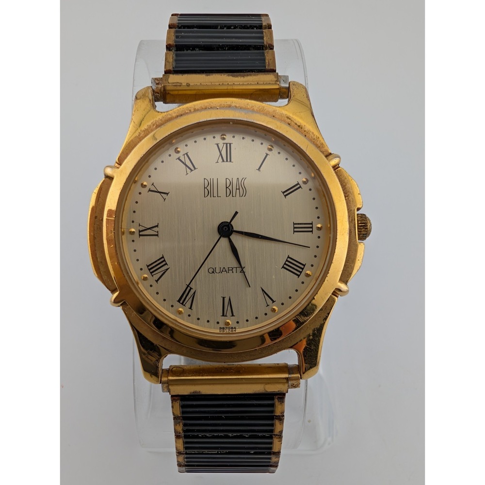 Vintage Bill Blass Watch Men 36mm Case Black/Gold Stretch Band- New Battery